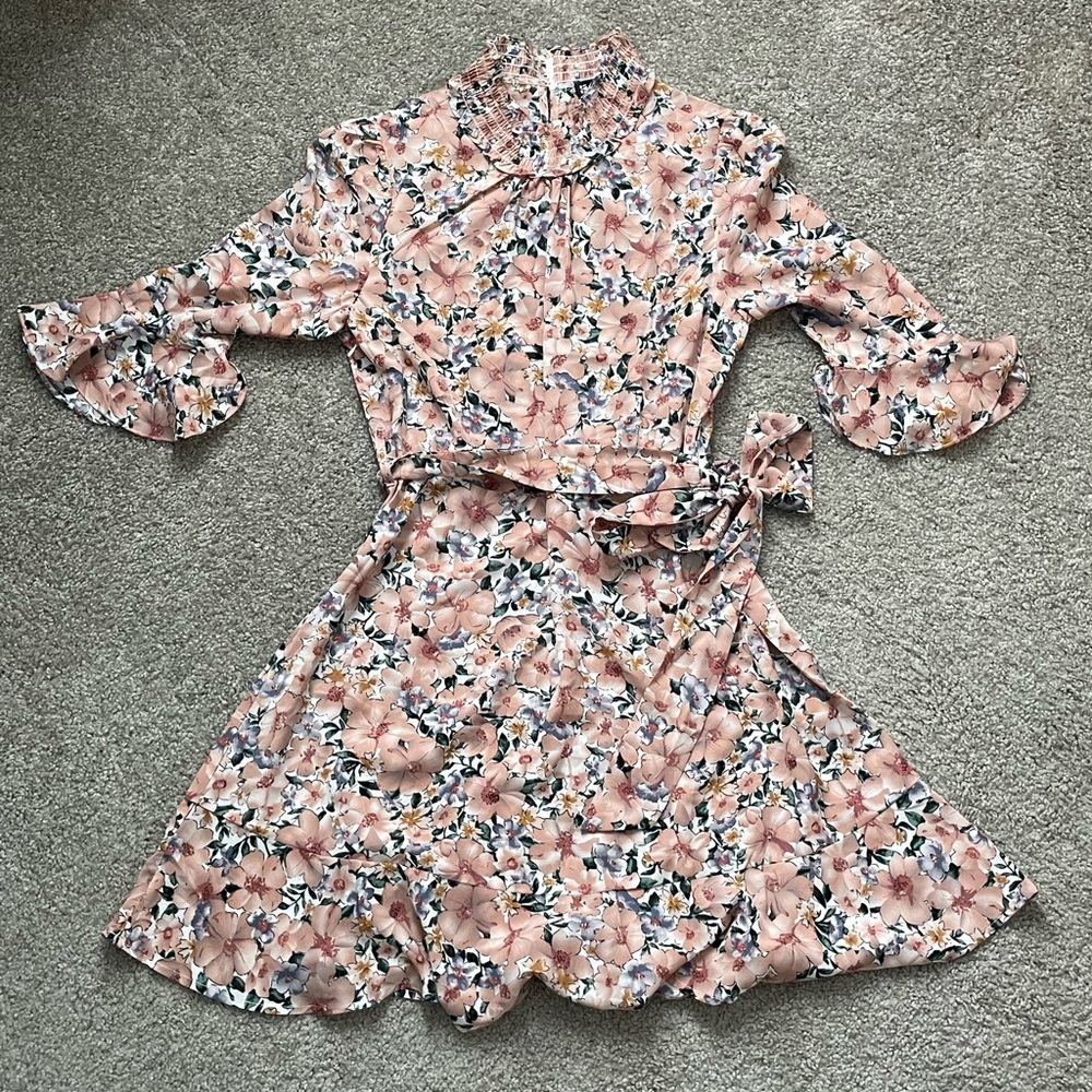 Smocked 3/4 sleeve belted floral dress